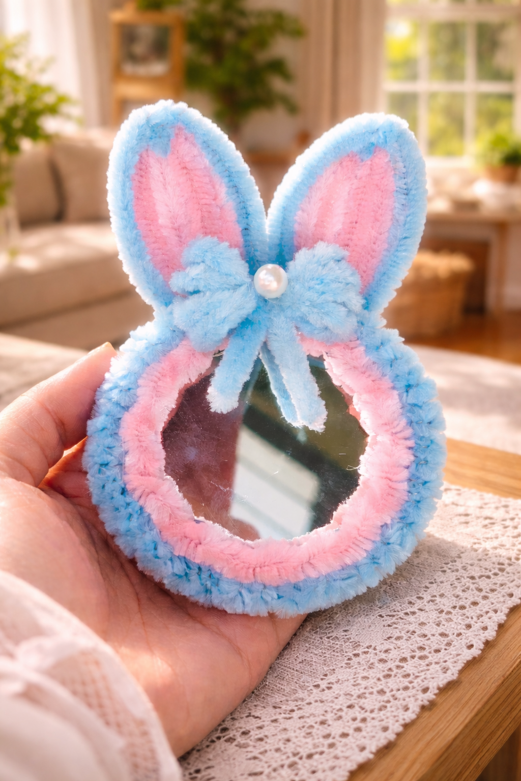 Handmade Fuzzy Bunny Pocket Mirror